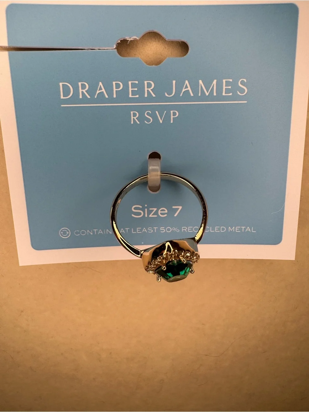 New Draper James RSVP Emerald Teardrop Ring with Gold Accents size 7